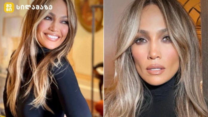 Two side-by-side photos of a woman with long, blonde-highlighted hair wearing a black turtleneck; left image shows her smiling and looking to the side, right image is a close-up portrait.